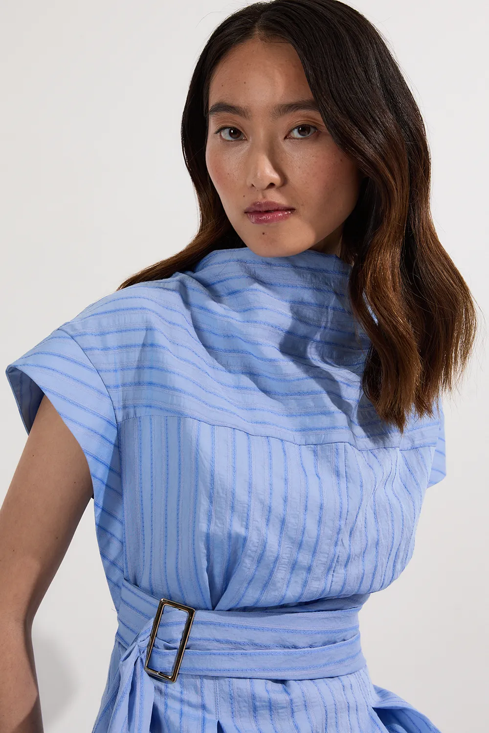 Cotton Stripe High Neck Belted Woven Midi Shirt Dress BKK25278