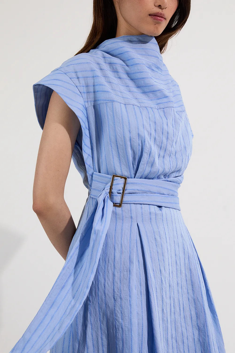 Cotton Stripe High Neck Belted Woven Midi Shirt Dress BKK25278 3 Cotton Stripe High Neck Belted Woven Midi Shirt Dress BKK25278