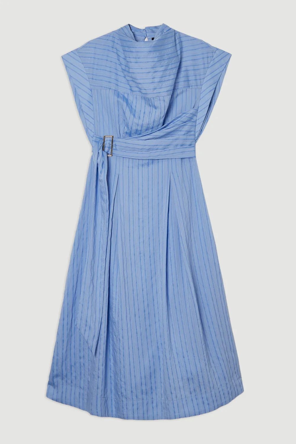 Cotton Stripe High Neck Belted Woven Midi Shirt Dress BKK25278 4 Cotton Stripe High Neck Belted Woven Midi Shirt Dress BKK25278