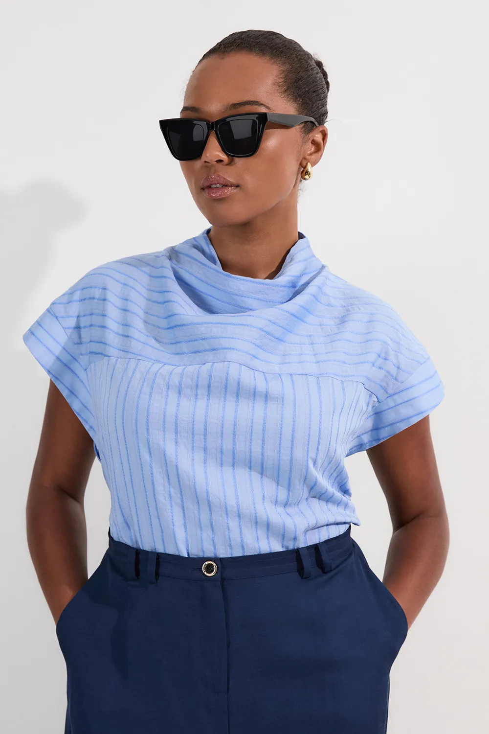 Plus Size Cotton Stripe High Neck Woven Top BKK25279