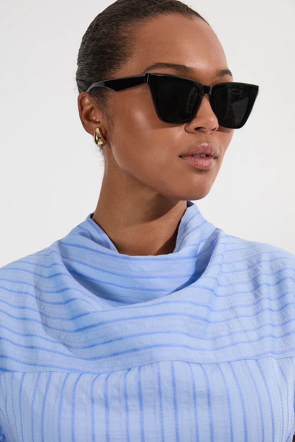 Plus Size Cotton Stripe High Neck Woven Top BKK25279