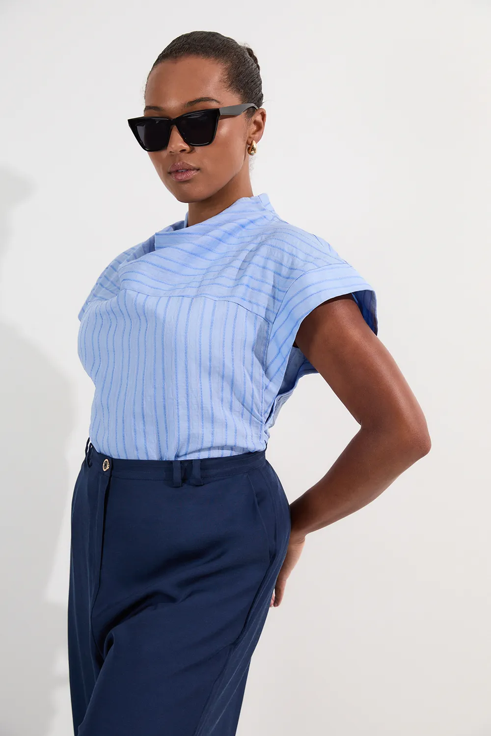 Plus Size Cotton Stripe High Neck Woven Top BKK25279