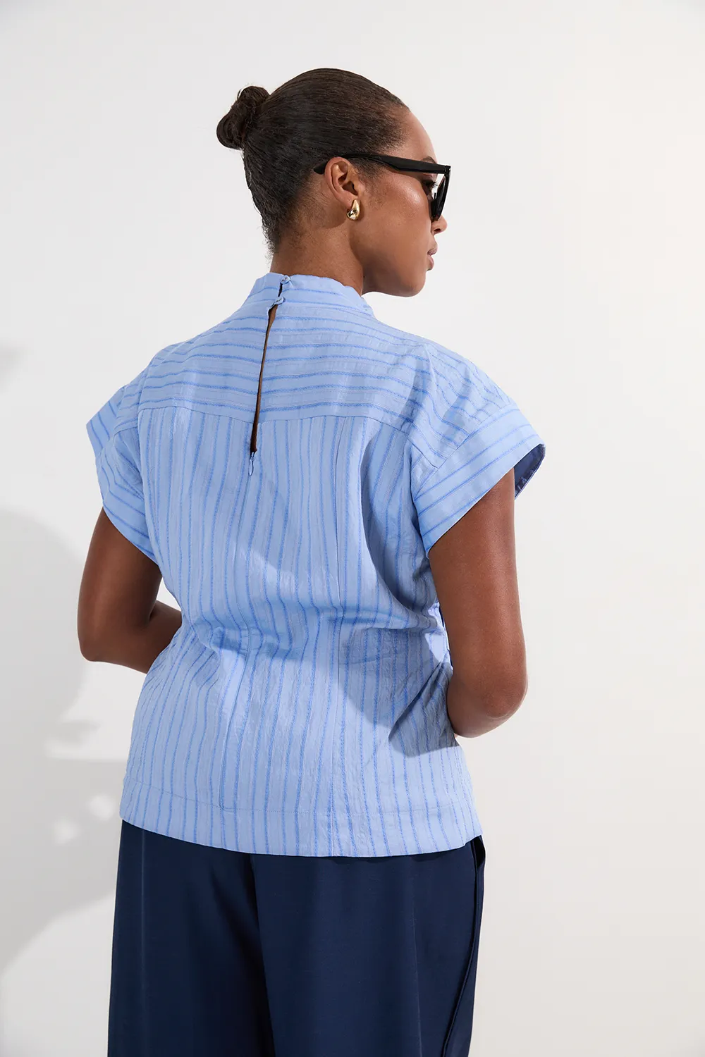 Plus Size Cotton Stripe High Neck Woven Top BKK25279