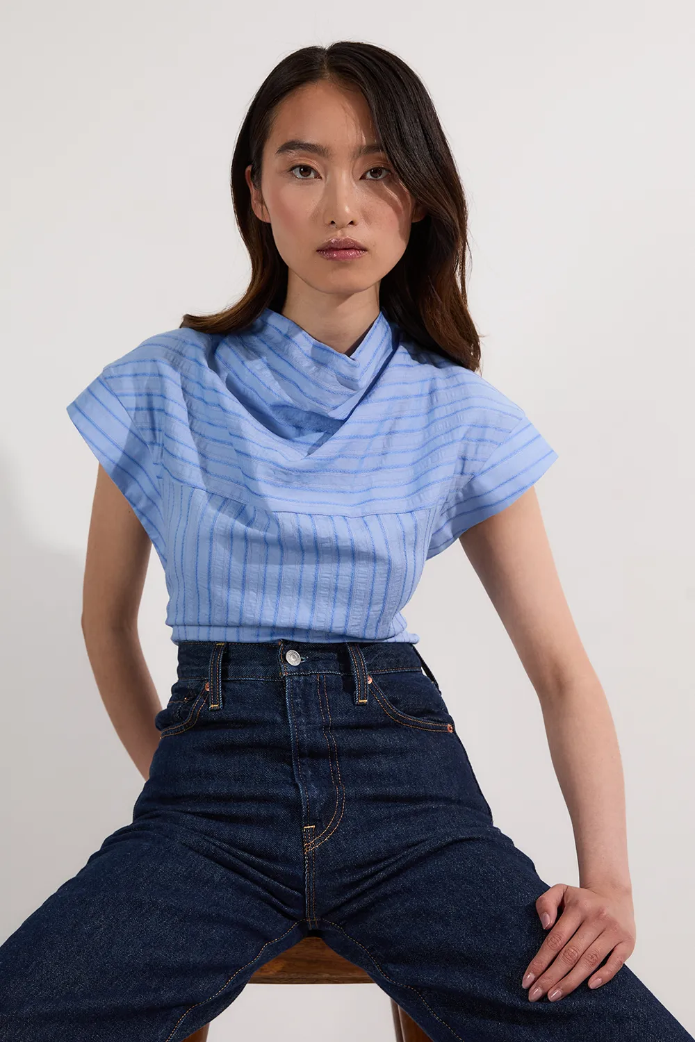 Cotton Stripe High Neck Woven Top BKK25280