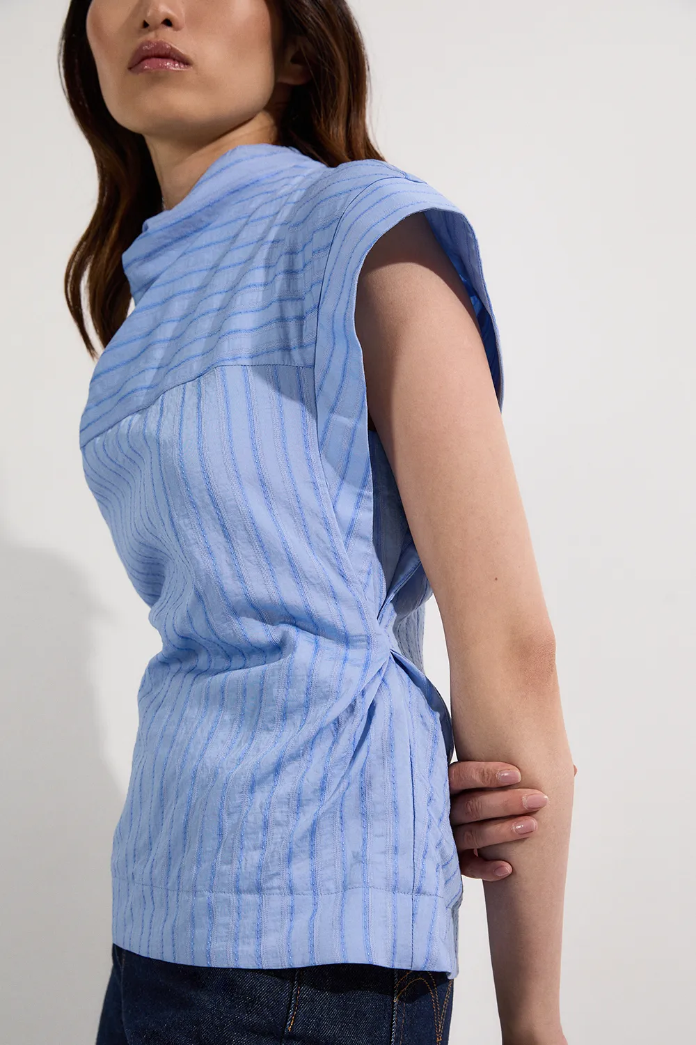 Cotton Stripe High Neck Woven Top BKK25280 3 Cotton Stripe High Neck Woven Top BKK25280