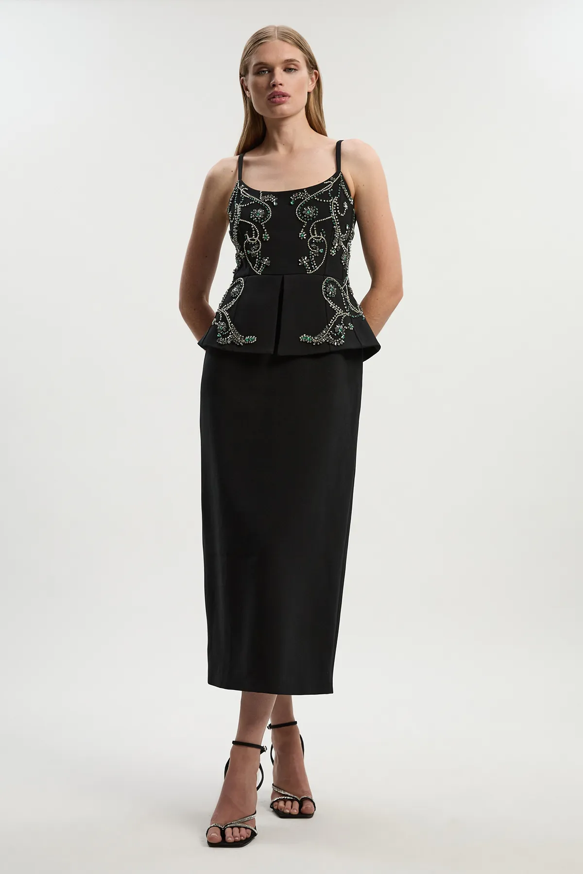 Petite Crystal Embellished Peplum Bandeau Pencil Midi Dress BKK25333