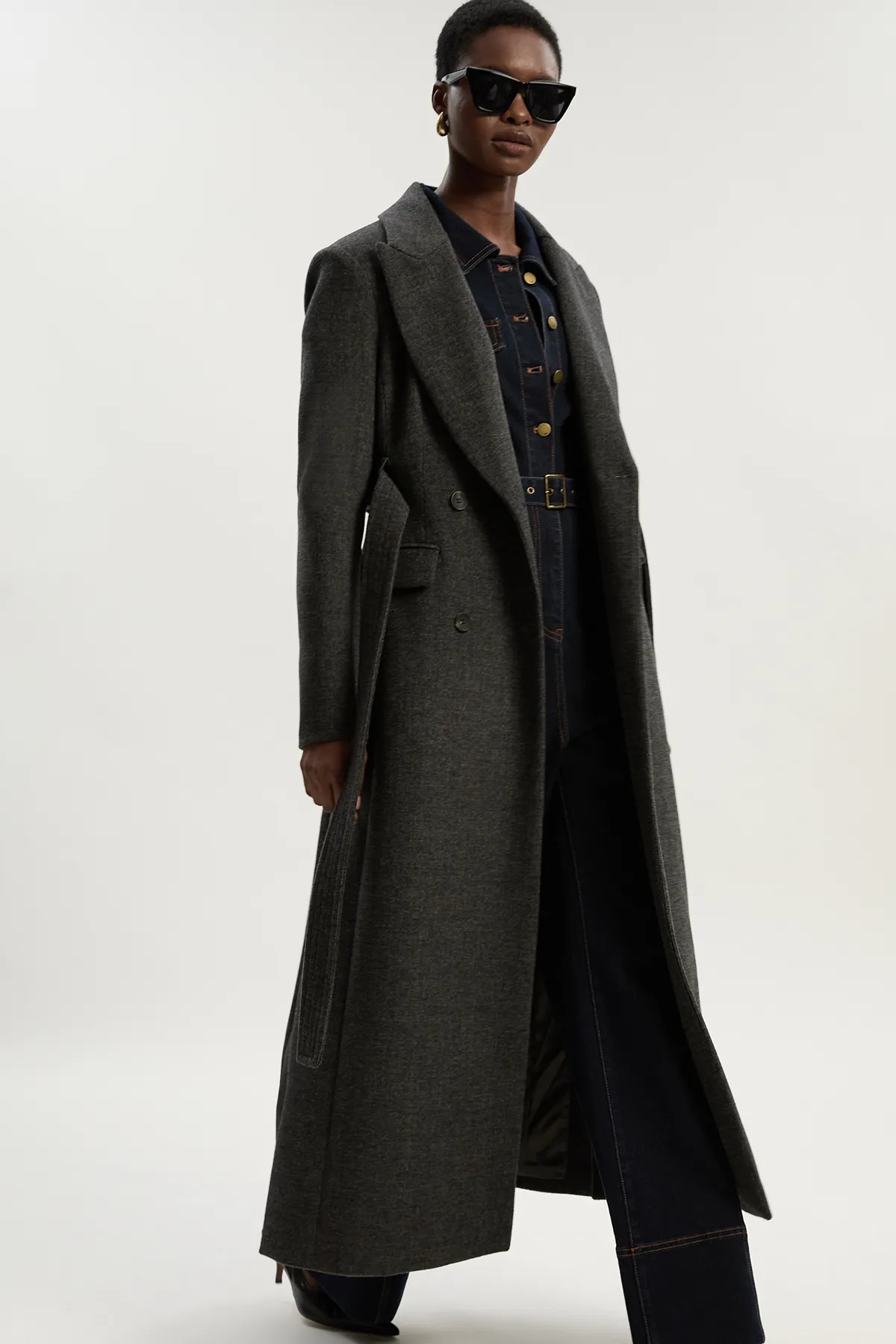 Brushed Wool Check Double Breasted Belted Tailored Maxi Coat BKK25365
