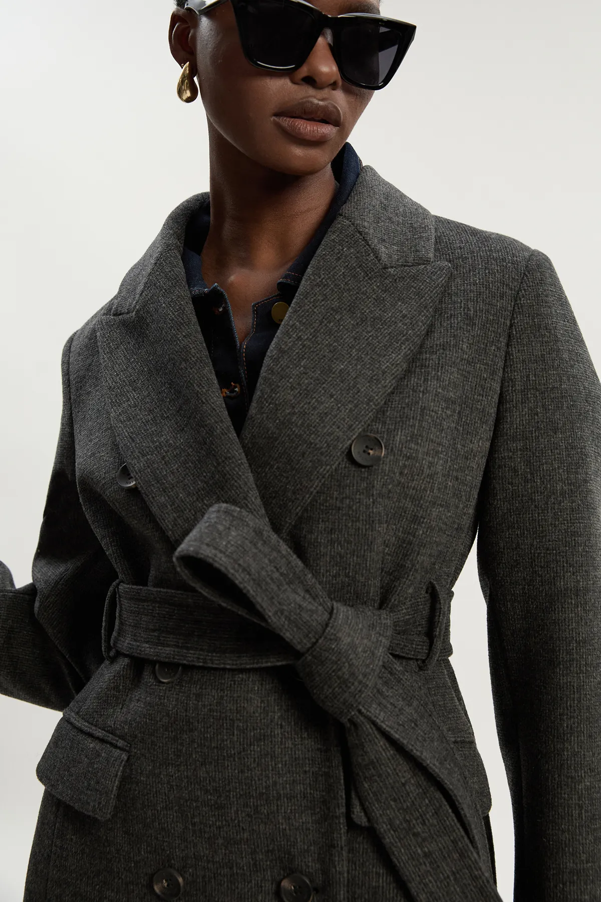 Brushed Wool Check Double Breasted Belted Tailored Maxi Coat BKK25365