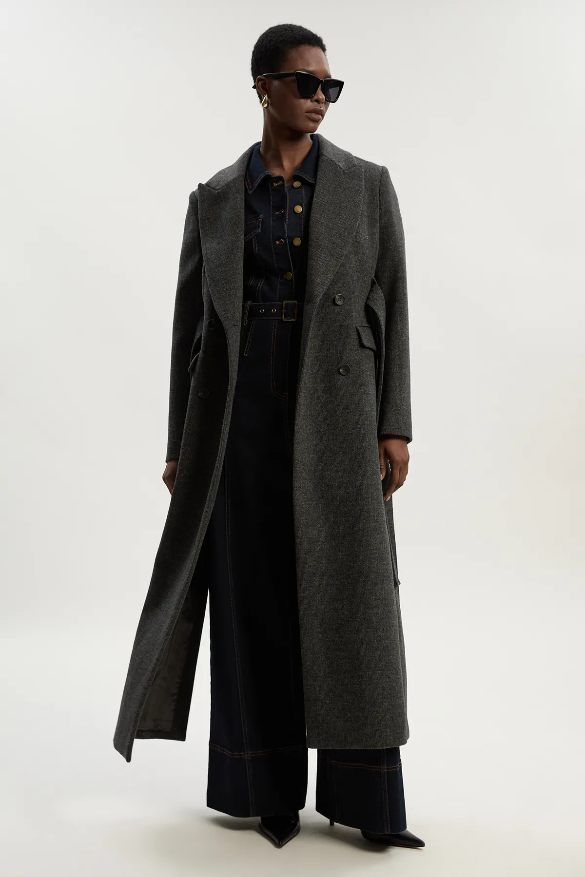 Brushed Wool Check Double Breasted Belted Tailored Maxi Coat BKK25365 3 Brushed Wool Check Double Breasted Belted Tailored Maxi Coat BKK25365