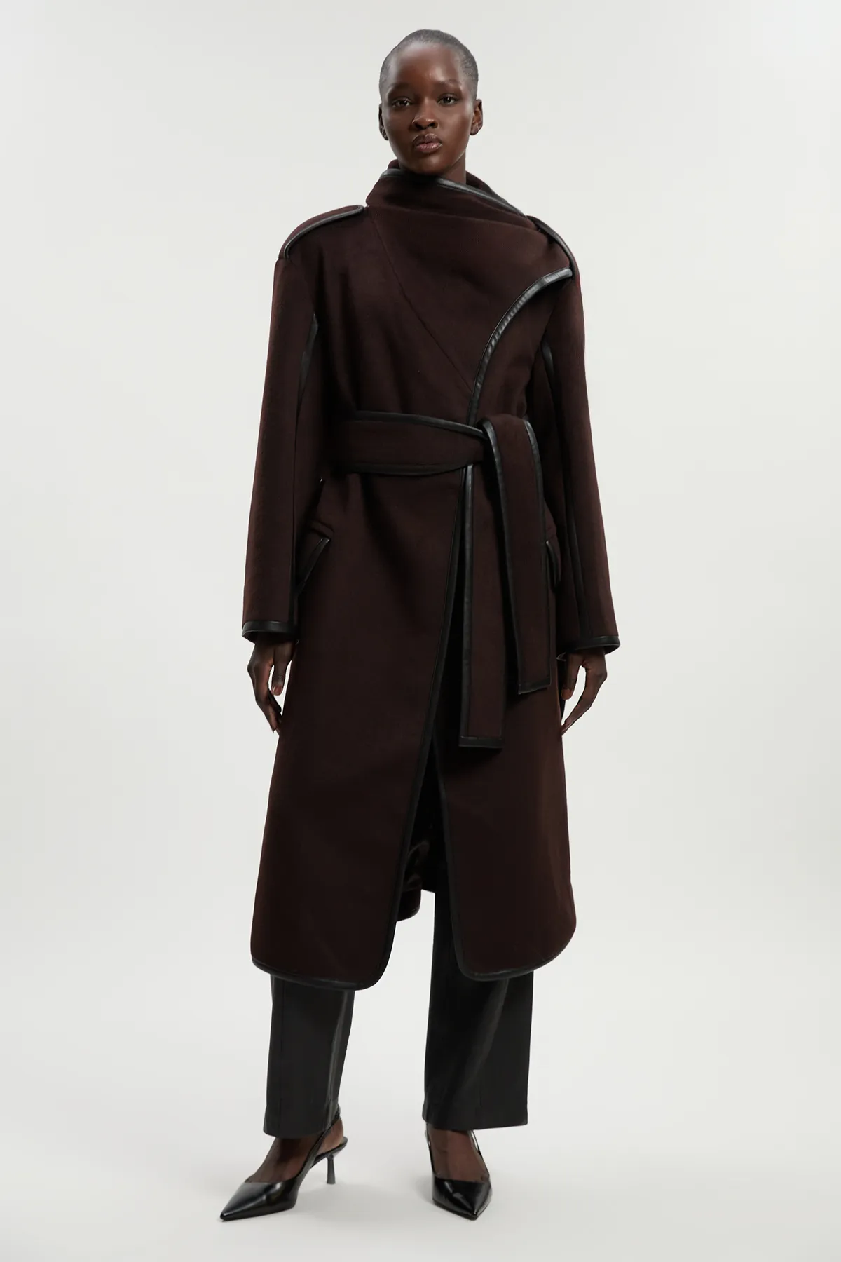 Petite Brushed Wool Pu Mix Scarf Neck Belted Tailored Maxi Coat BKK25369