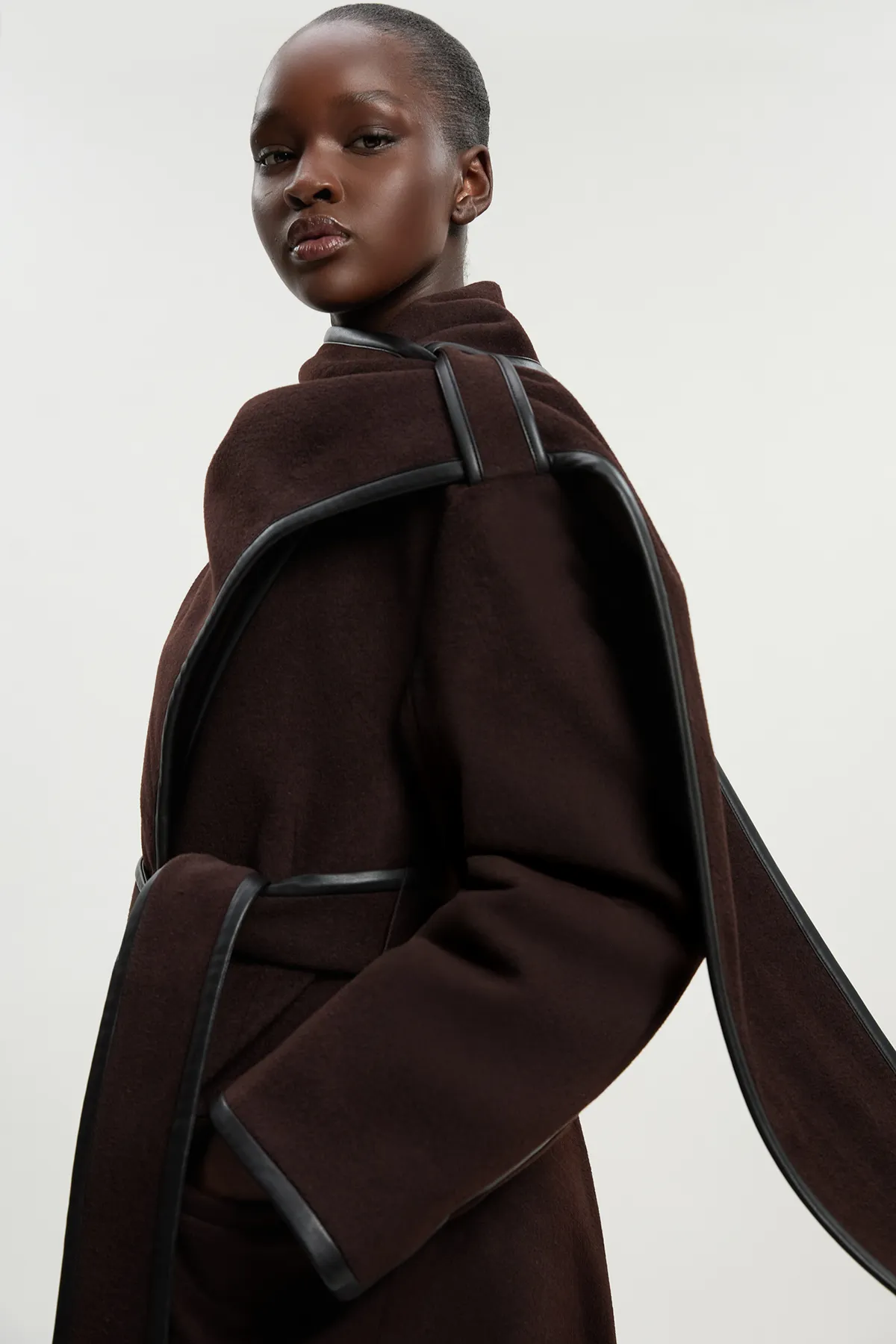 Petite Brushed Wool Pu Mix Scarf Neck Belted Tailored Maxi Coat BKK25369 4 Petite Brushed Wool Pu Mix Scarf Neck Belted Tailored Maxi Coat BKK25369