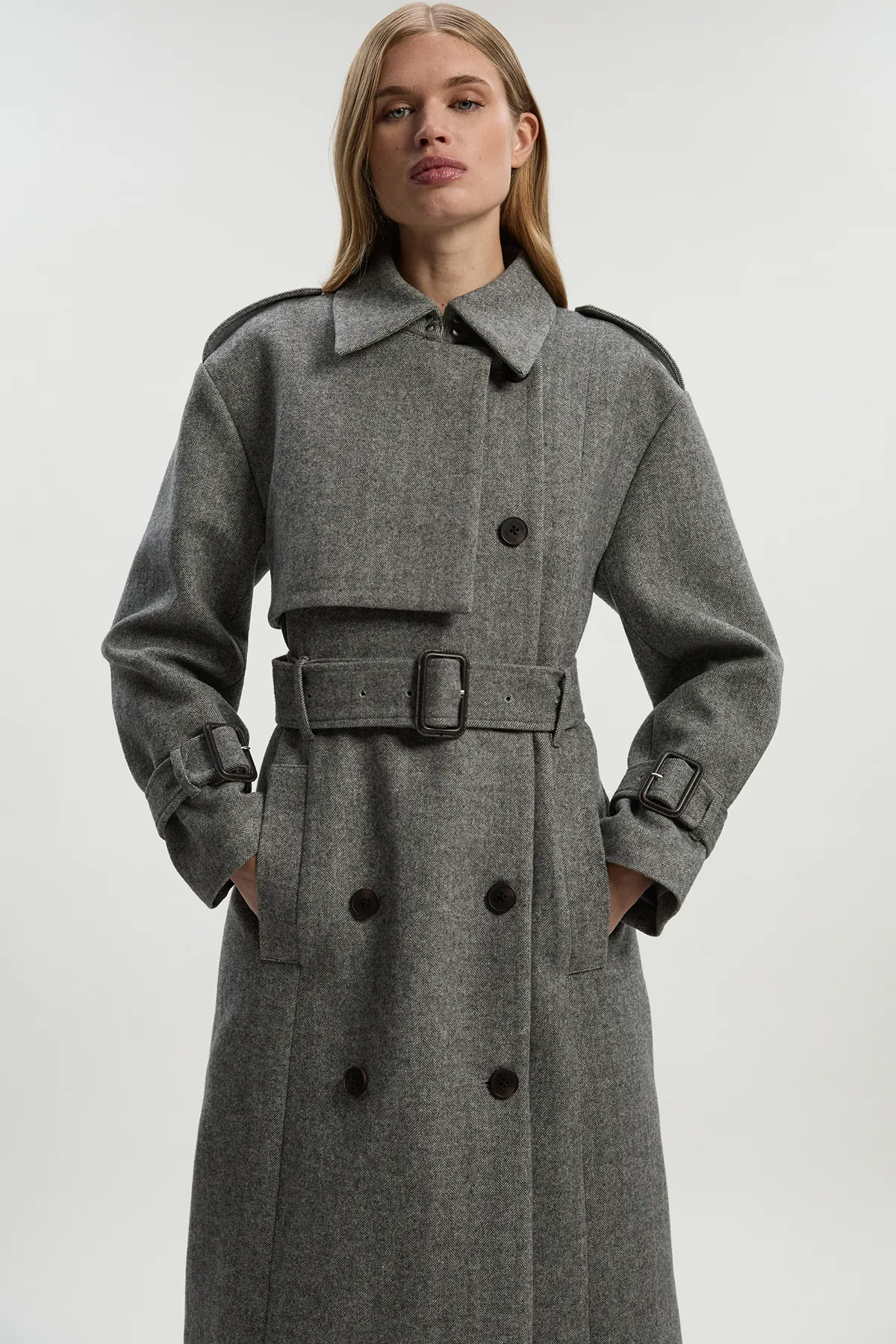 Herringbone Wool Belted Trench Tailored Maxi Coat BKK25373