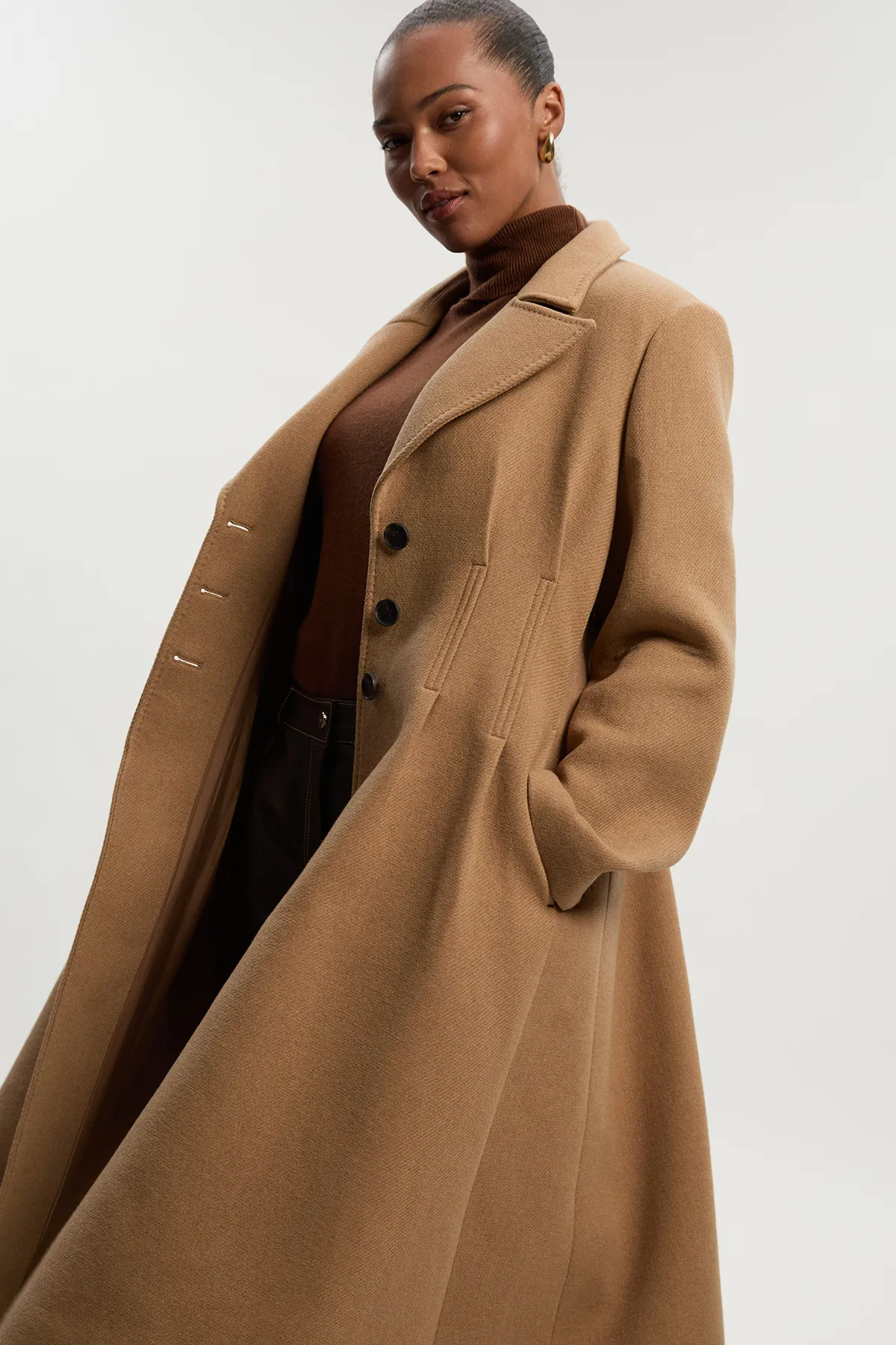 Plus Size Wool Corset Detail Full Skirted Tailored Maxi Coat BKK25391