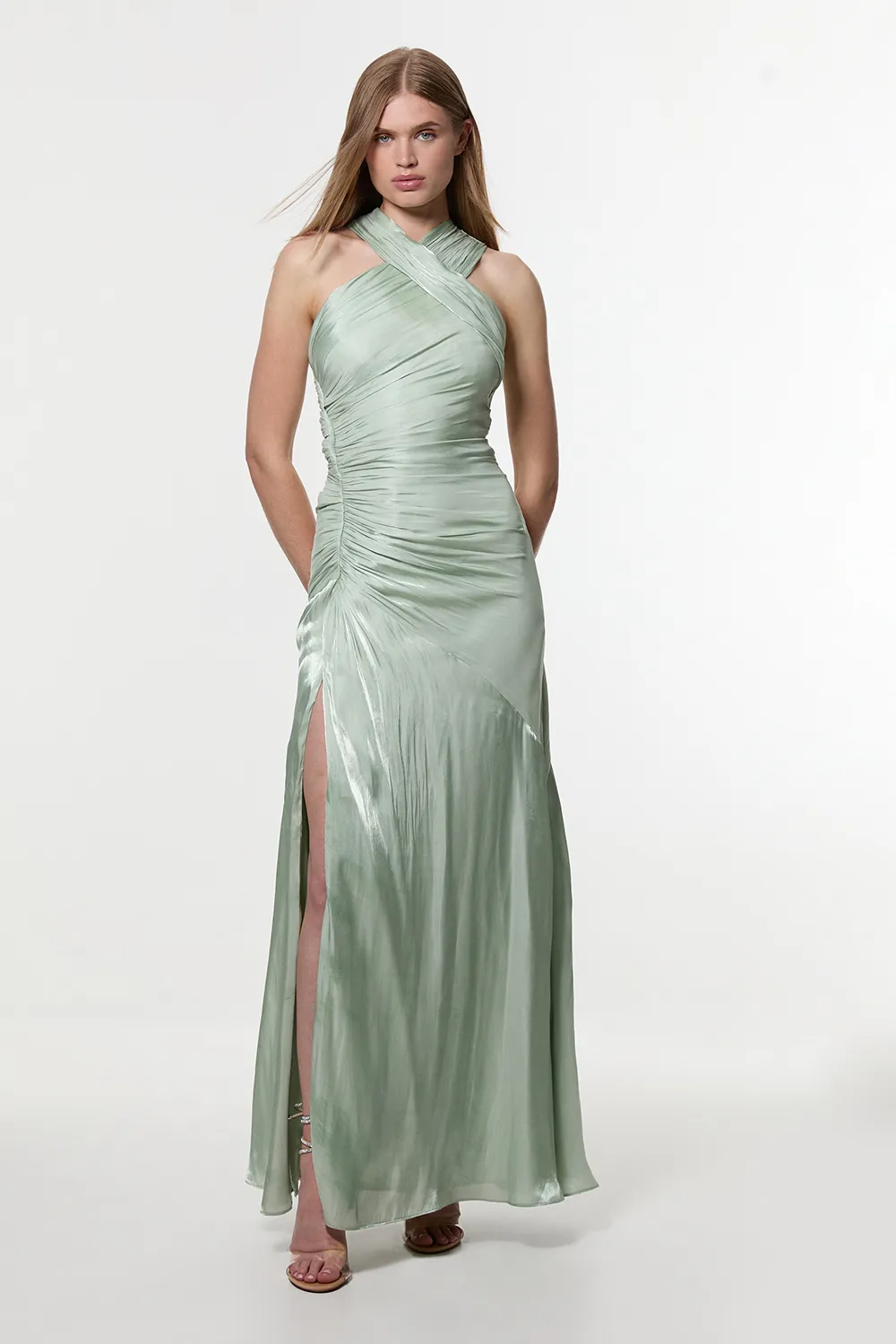 Petite Digital Ophelia Liquid Metallic Split Woven Maxi Dress BKK25401