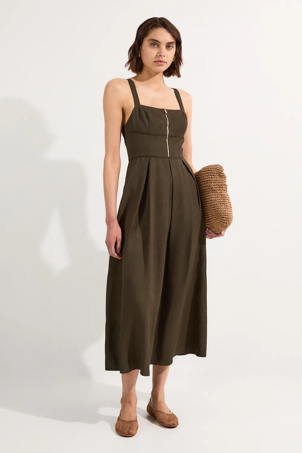 Petite Linen Twill Top Stitch Strappy Woven Zip Front Midi Dress BKK25423