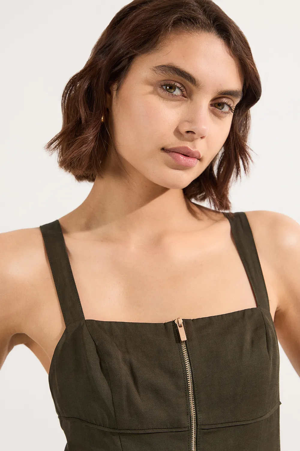 Petite Linen Twill Top Stitch Strappy Woven Zip Front Midi Dress BKK25423