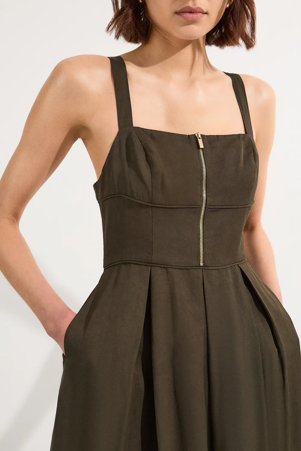 Petite Linen Twill Top Stitch Strappy Woven Zip Front Midi Dress BKK25423