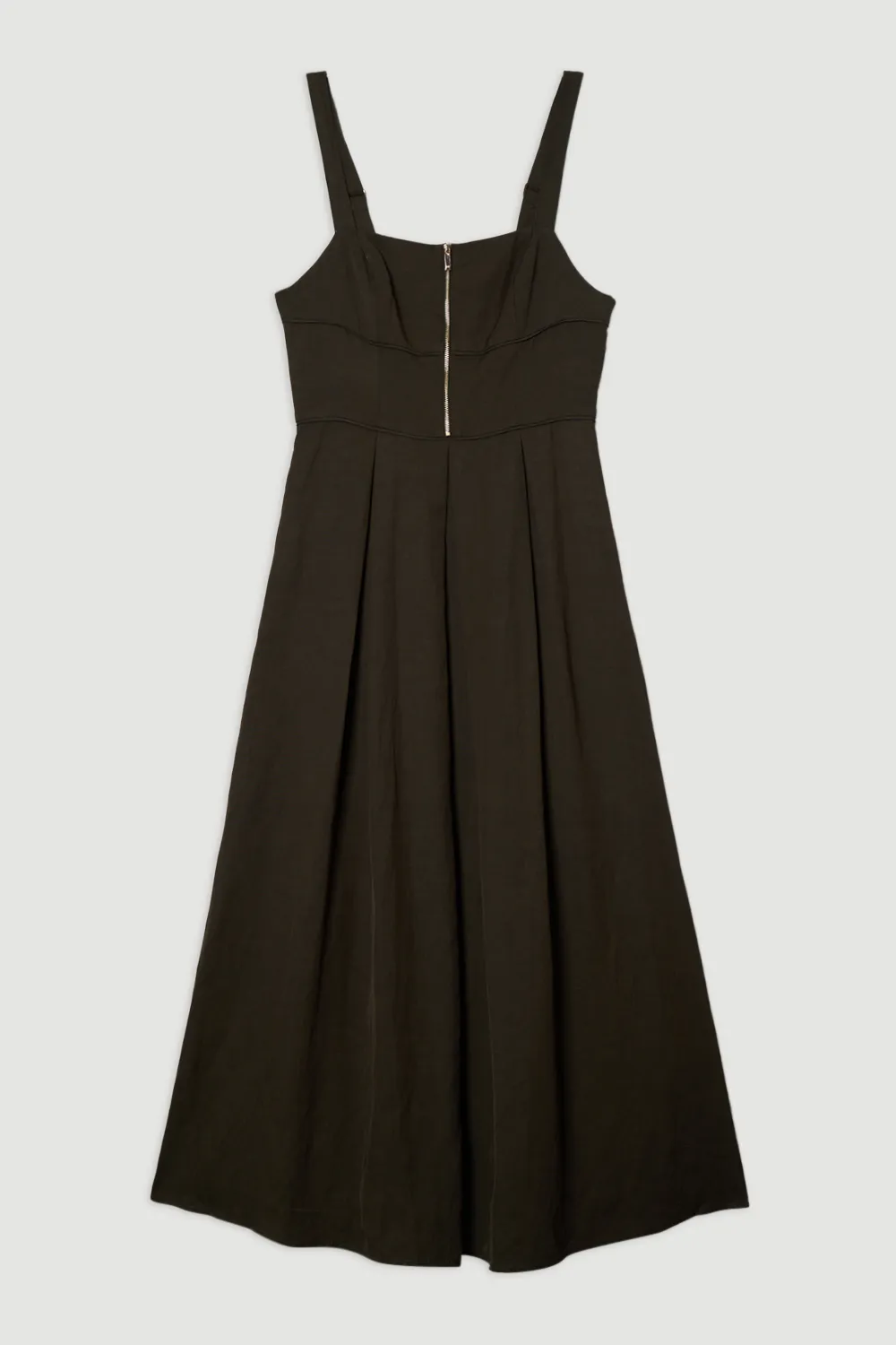 Petite Linen Twill Top Stitch Strappy Woven Zip Front Midi Dress BKK25423