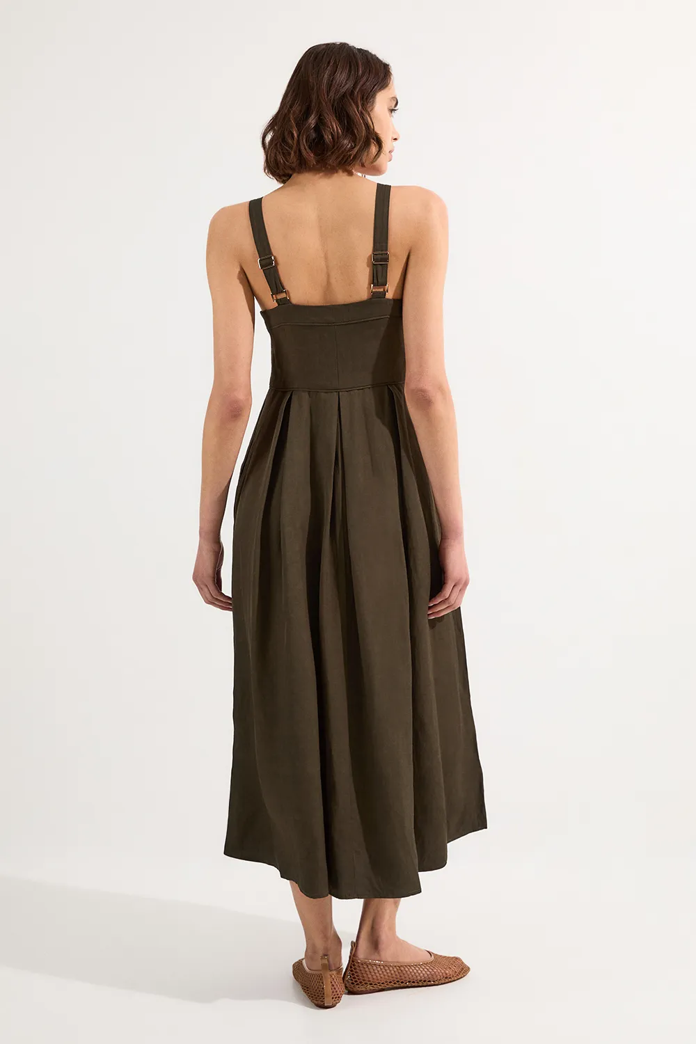 Petite Linen Twill Top Stitch Strappy Woven Zip Front Midi Dress BKK25423