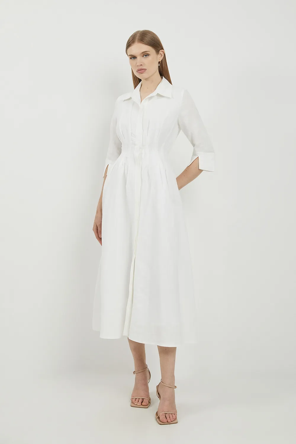Lydia Millen Petite Premium Tailored Linen Darted Waist Midi Dress BKK25439