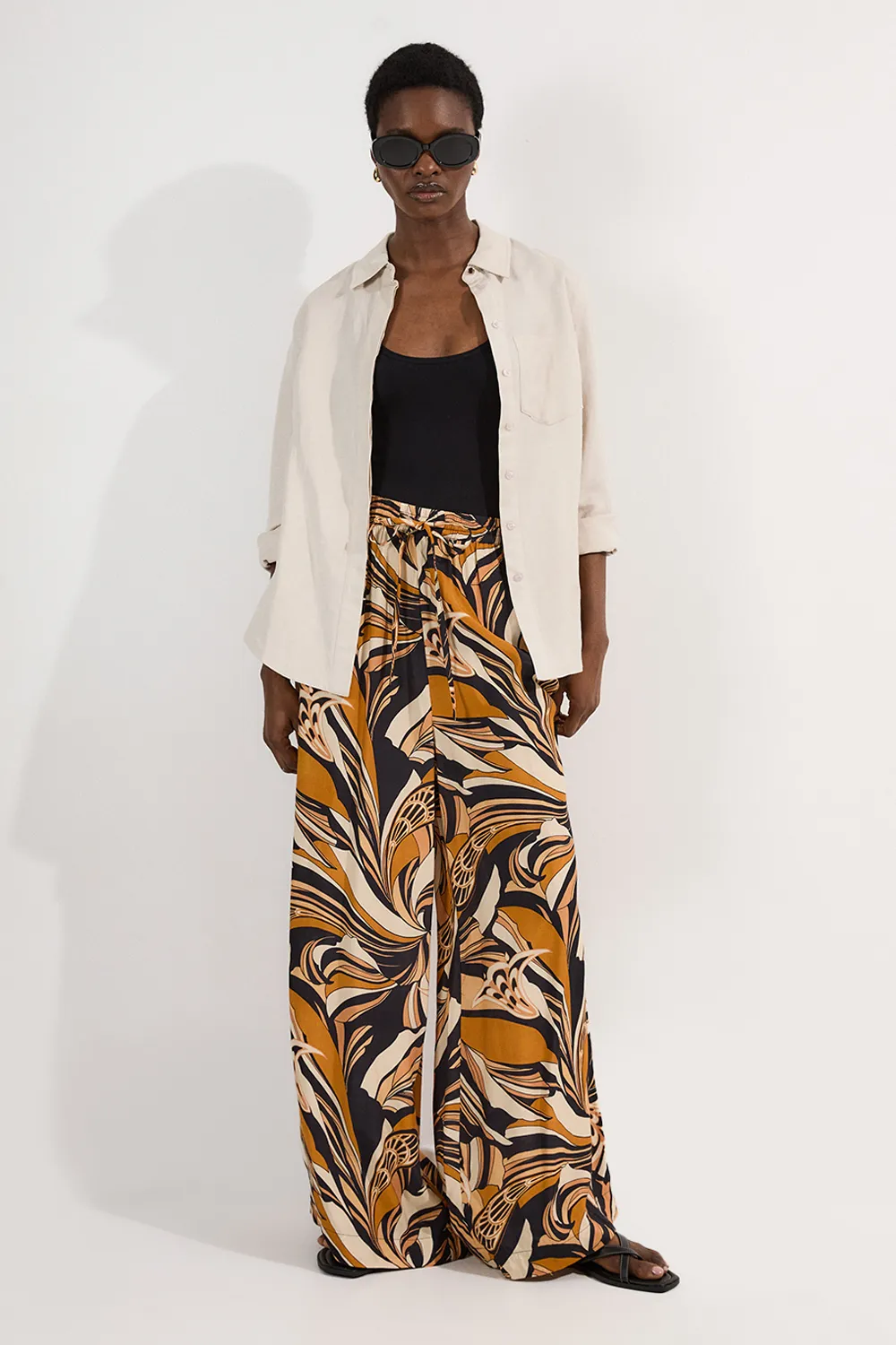 Beach Border Print Spun Viscose Tie Waist Wide Leg Trousers BKK25462