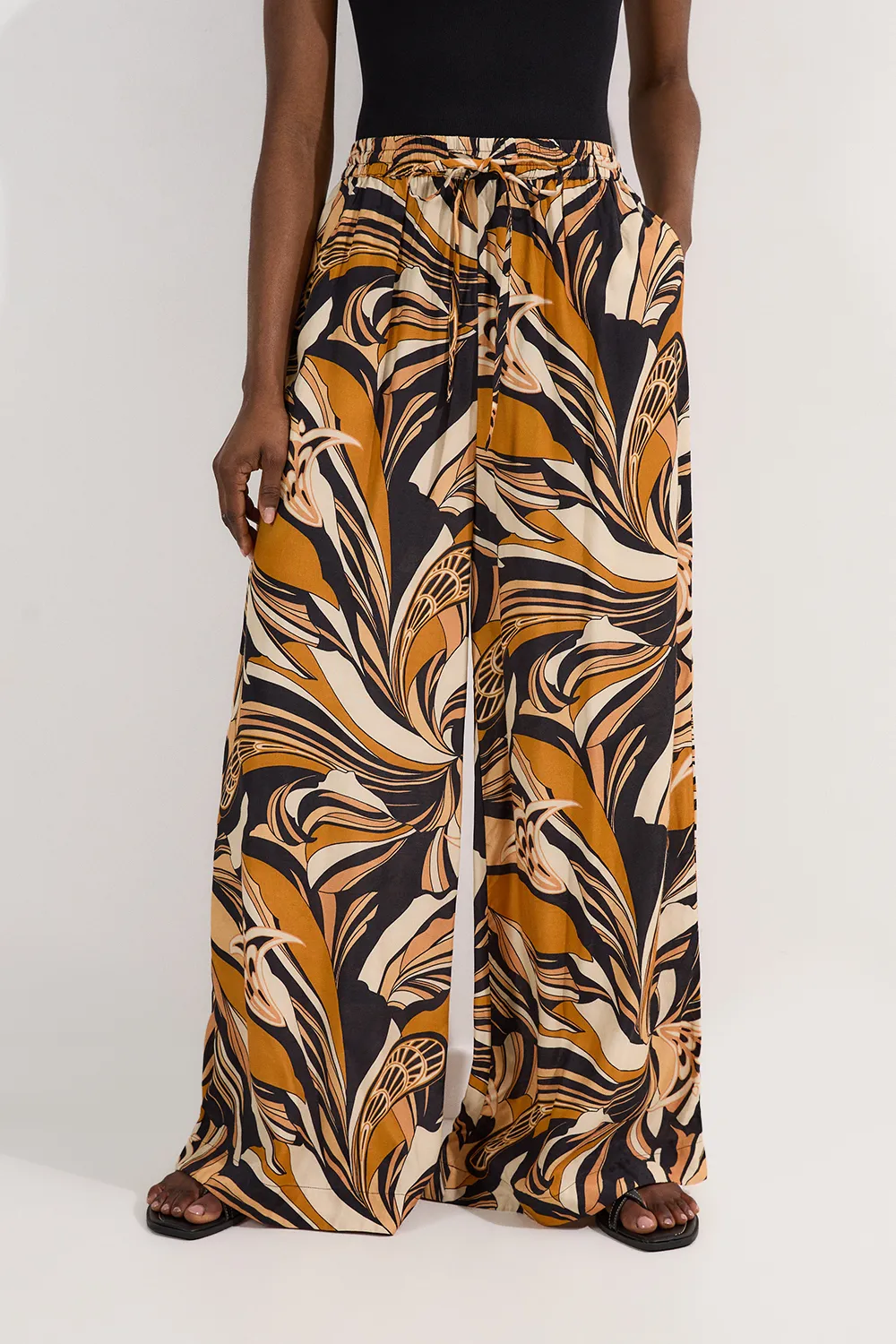 Beach Border Print Spun Viscose Tie Waist Wide Leg Trousers BKK25462