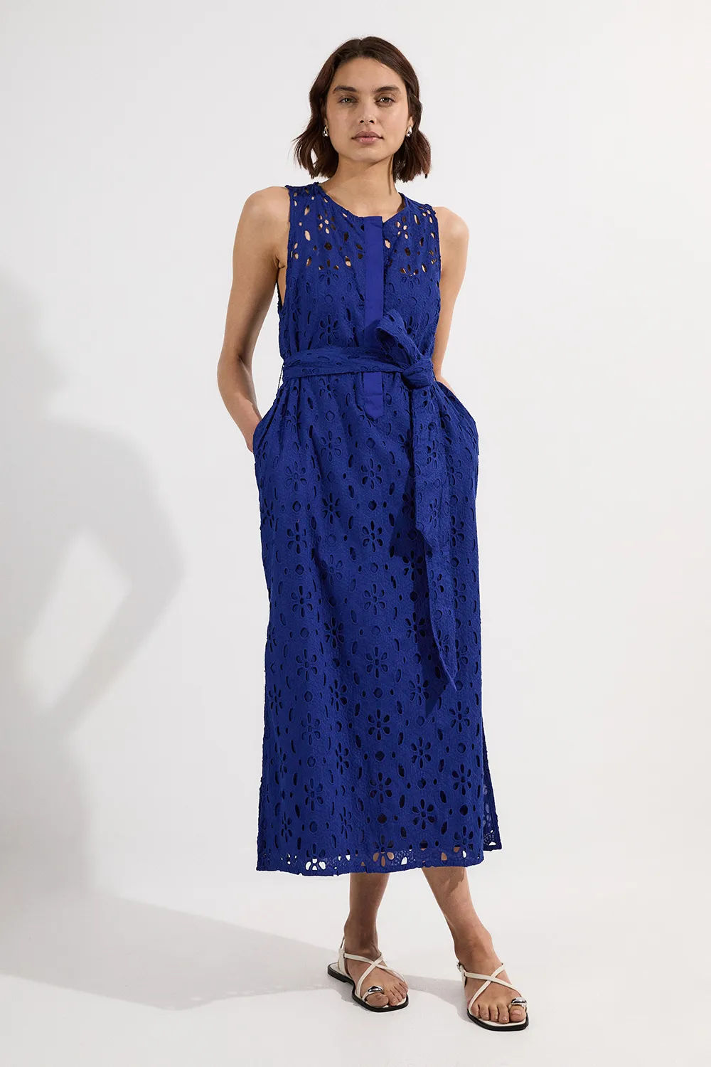Cotton Eyelet Sleeveless Belted Midi Woven Dress BKK25471