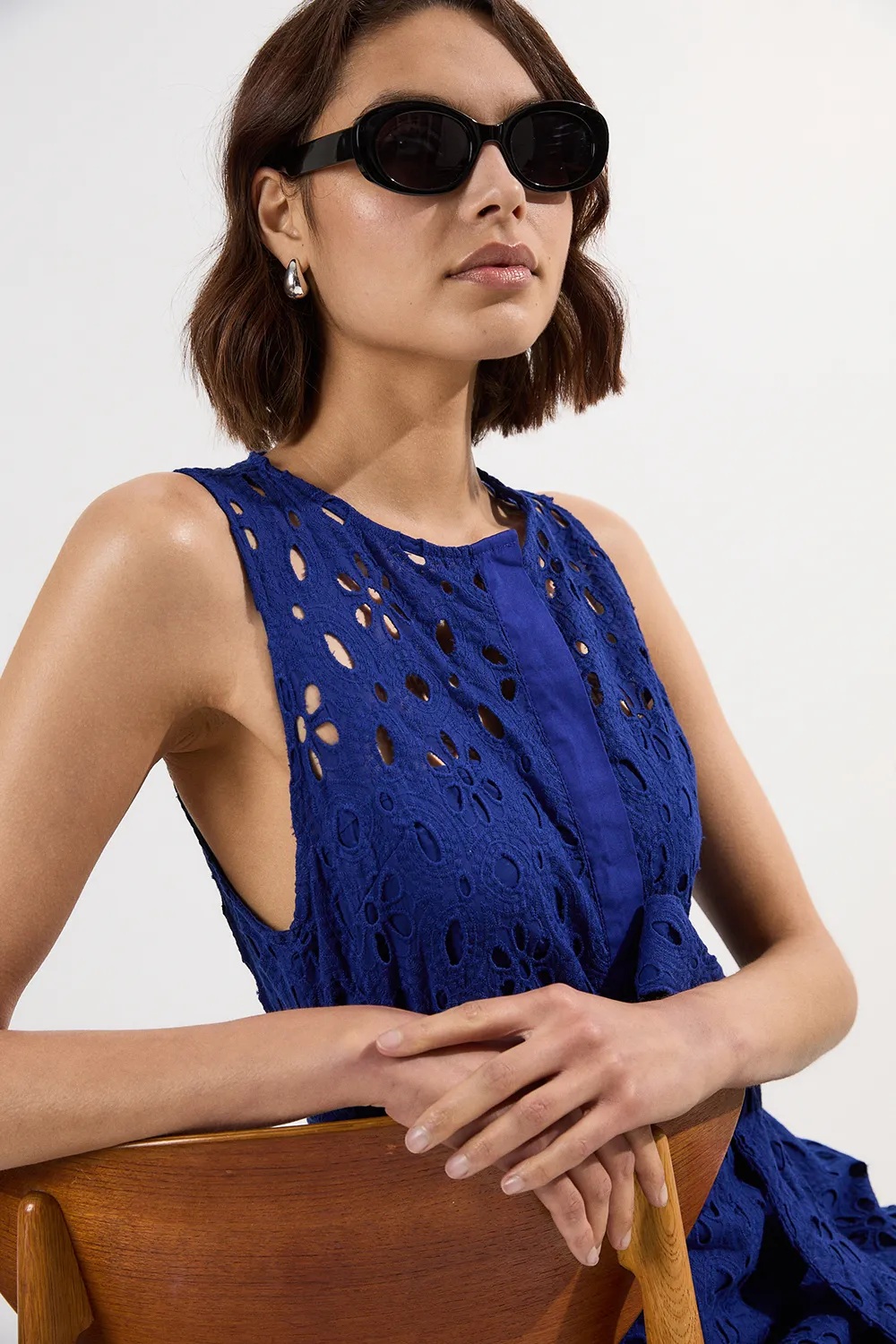 Cotton Eyelet Sleeveless Belted Midi Woven Dress BKK25471