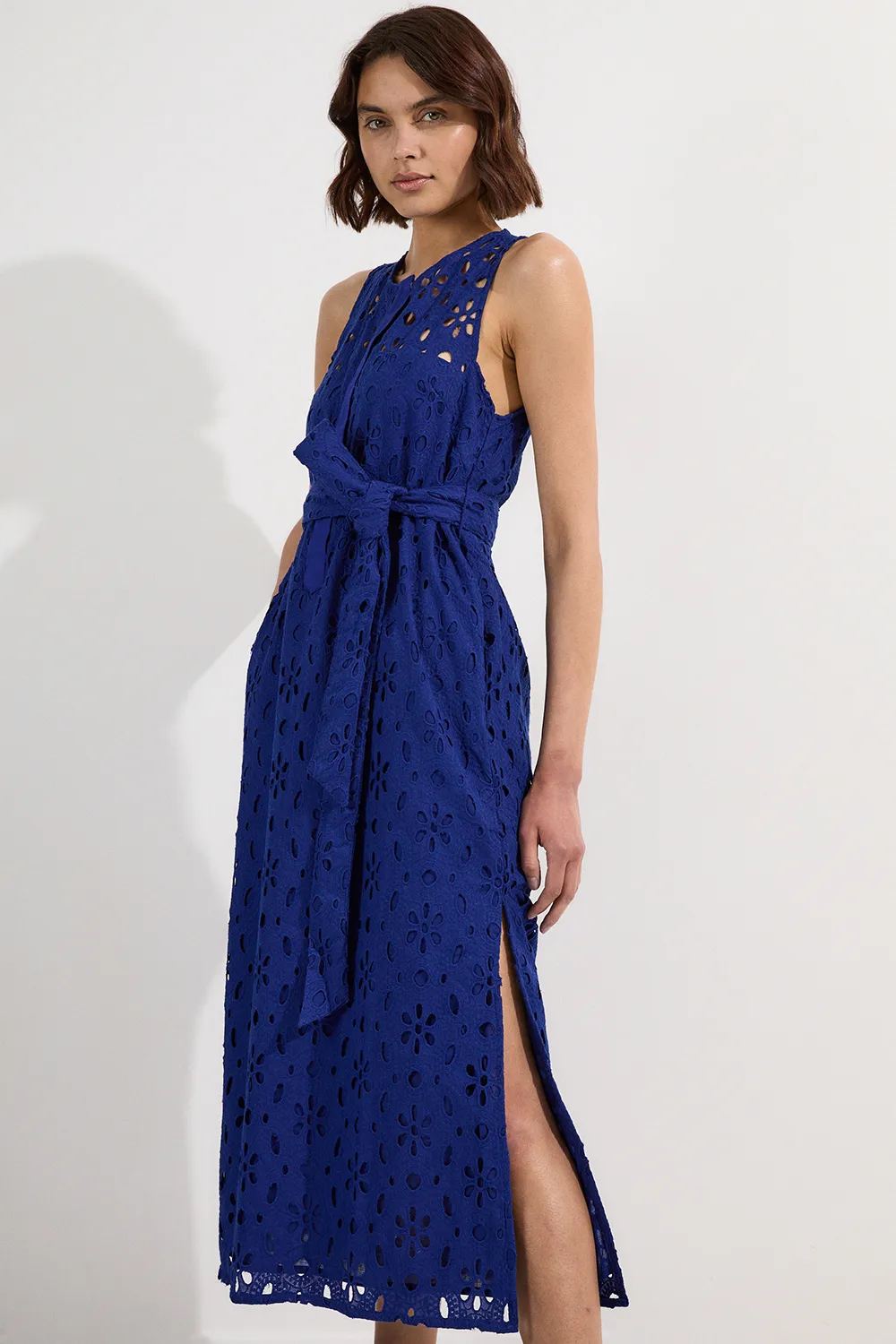 Cotton Eyelet Sleeveless Belted Midi Woven Dress BKK25471 3 Cotton Eyelet Sleeveless Belted Midi Woven Dress BKK25471