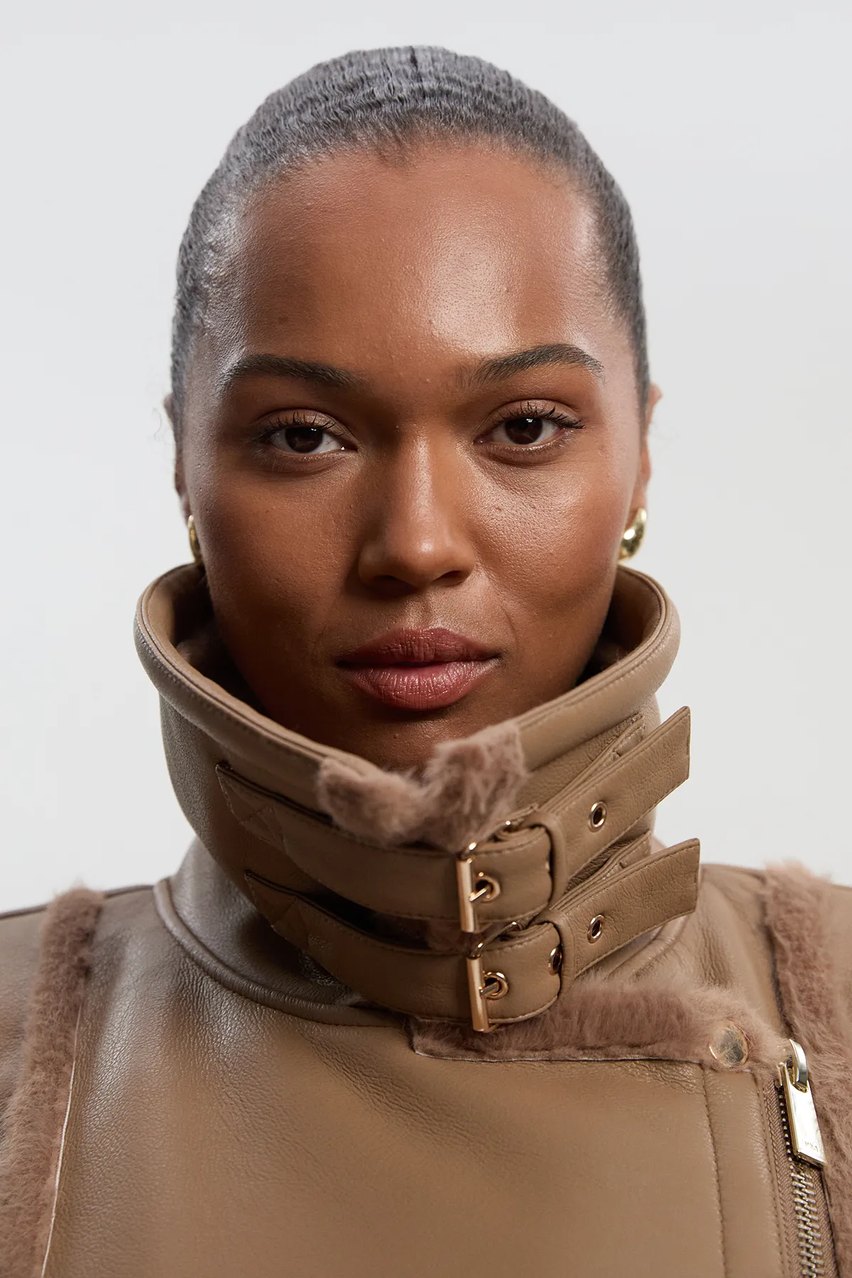 Plus Size Faux Fur Buckle Detail Belted Biker Midi Coat BKK25531