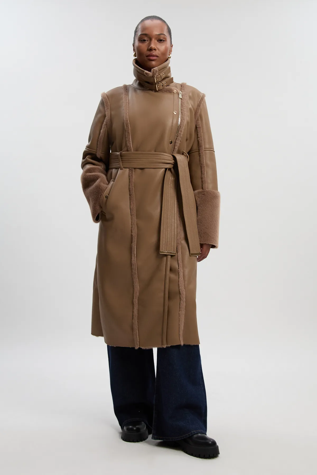 Plus Size Faux Fur Buckle Detail Belted Biker Midi Coat BKK25531