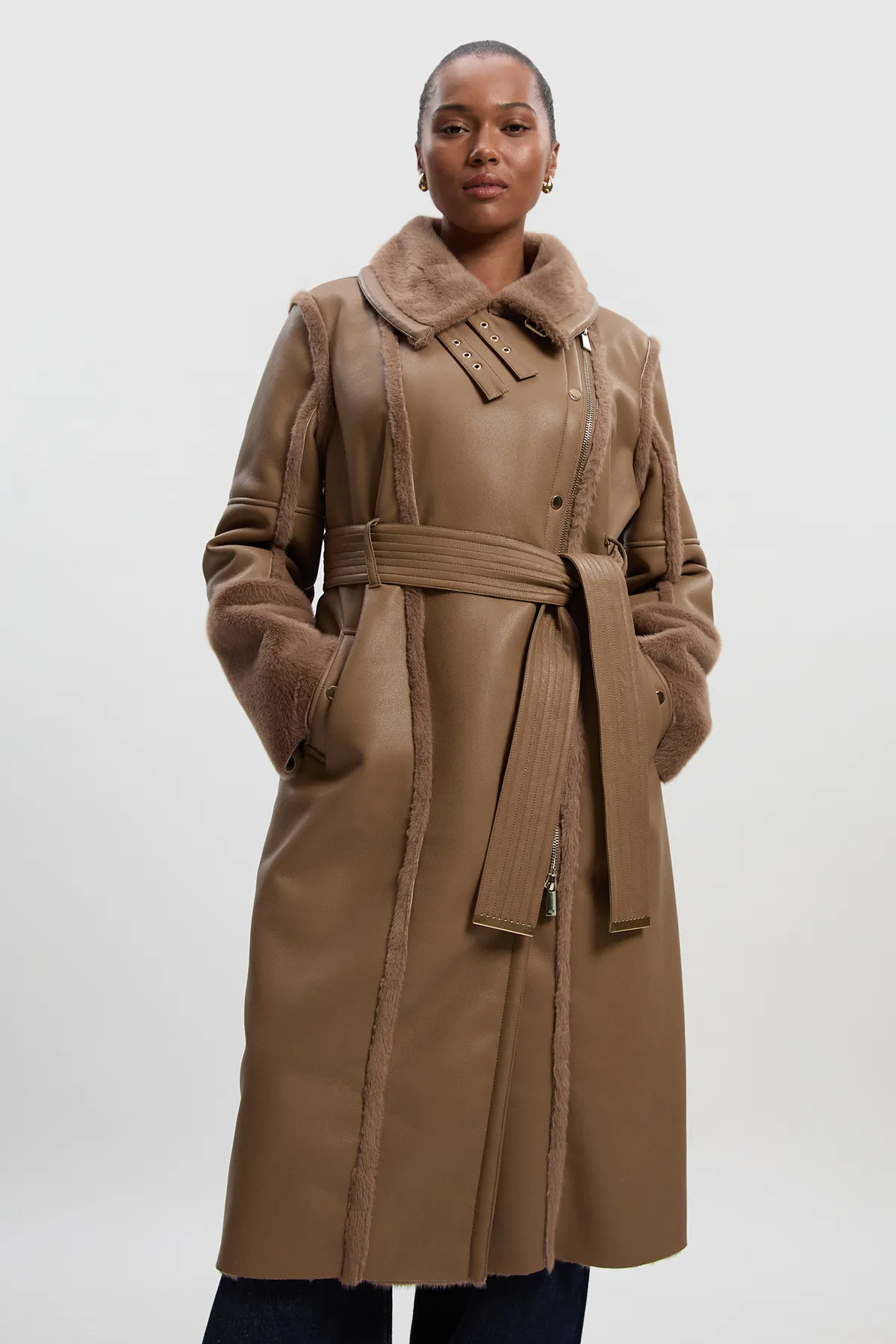 Plus Size Faux Fur Buckle Detail Belted Biker Midi Coat BKK25531 3 Plus Size Faux Fur Buckle Detail Belted Biker Midi Coat BKK25531