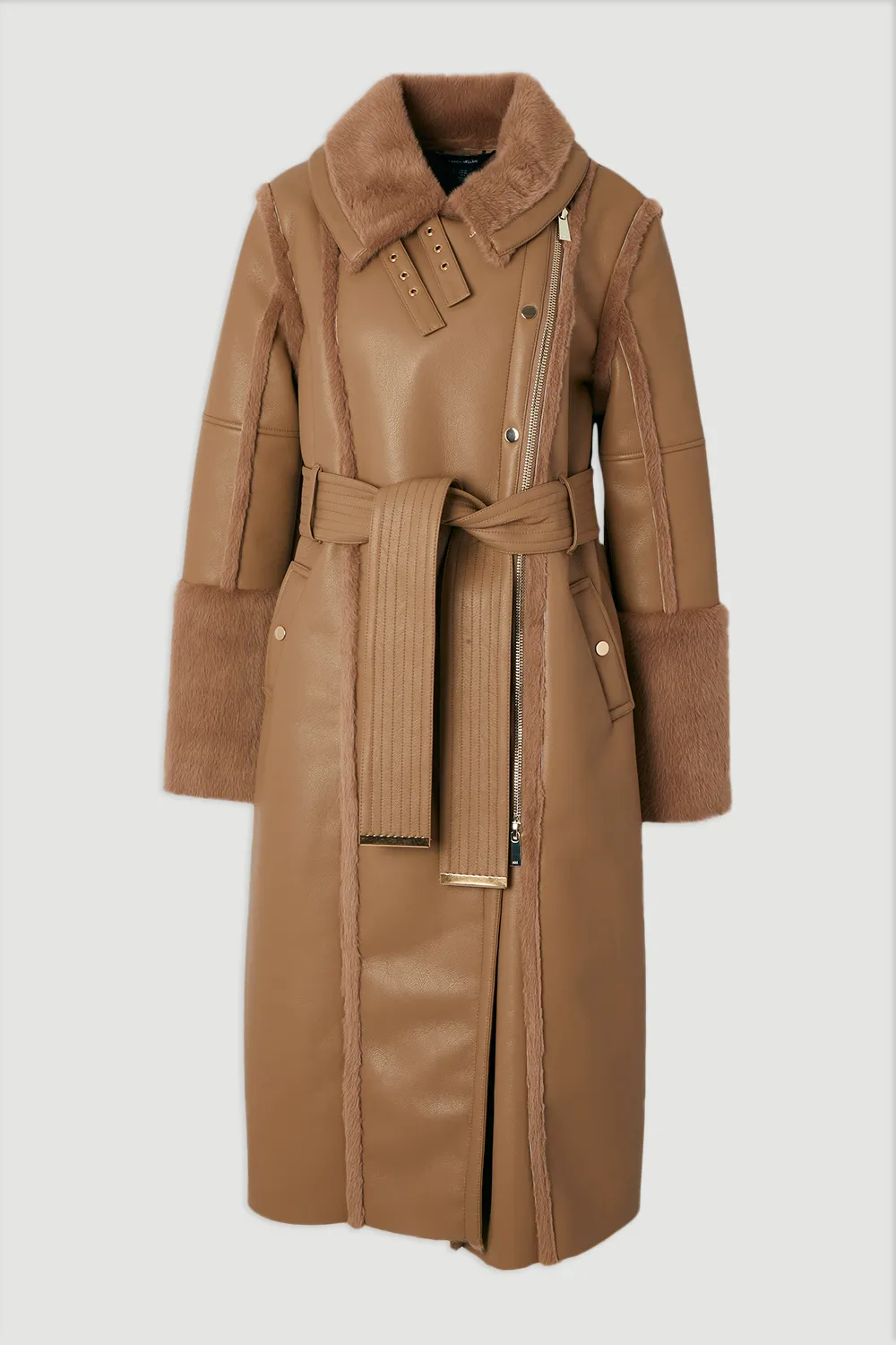 Plus Size Faux Fur Buckle Detail Belted Biker Midi Coat BKK25531 4 Plus Size Faux Fur Buckle Detail Belted Biker Midi Coat BKK25531