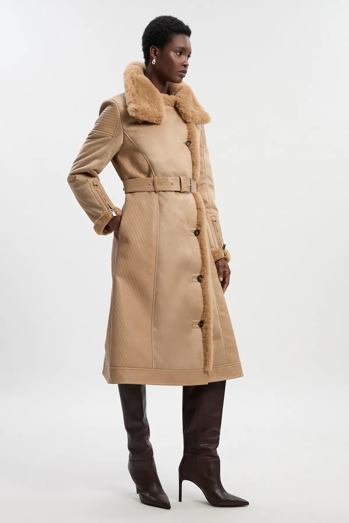 Petite Faux Shearling Biker Longline Coat BKK25534