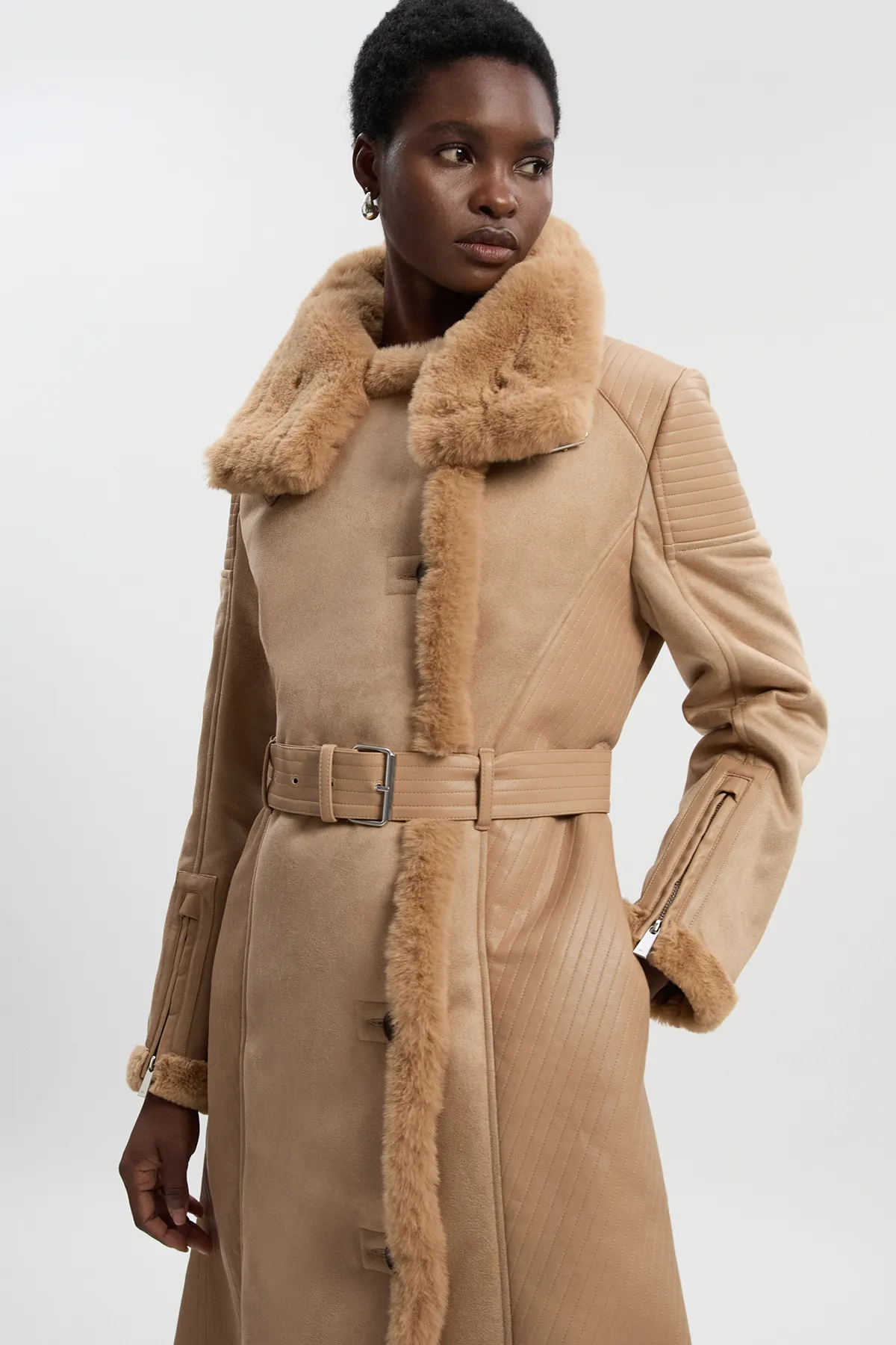 Petite Faux Shearling Biker Longline Coat BKK25534