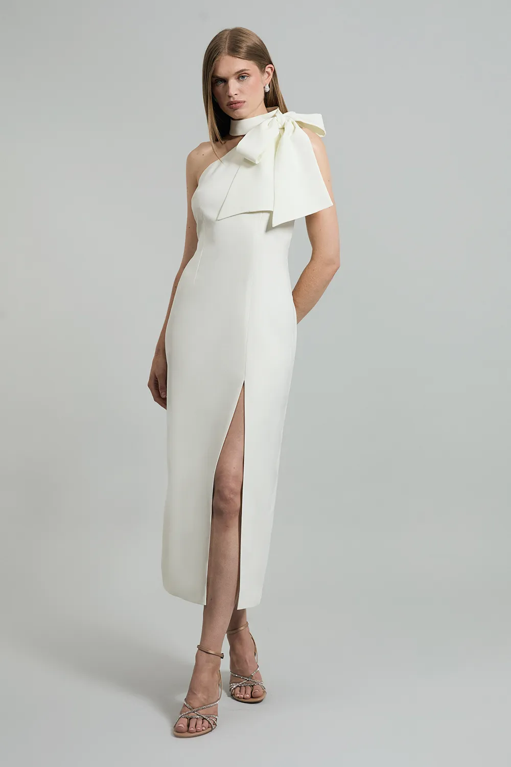 Satin Bow Tie Neck Tailored Midi Dress BKK25563