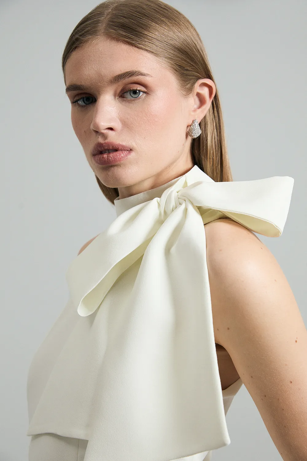 Satin Bow Tie Neck Tailored Midi Dress BKK25563