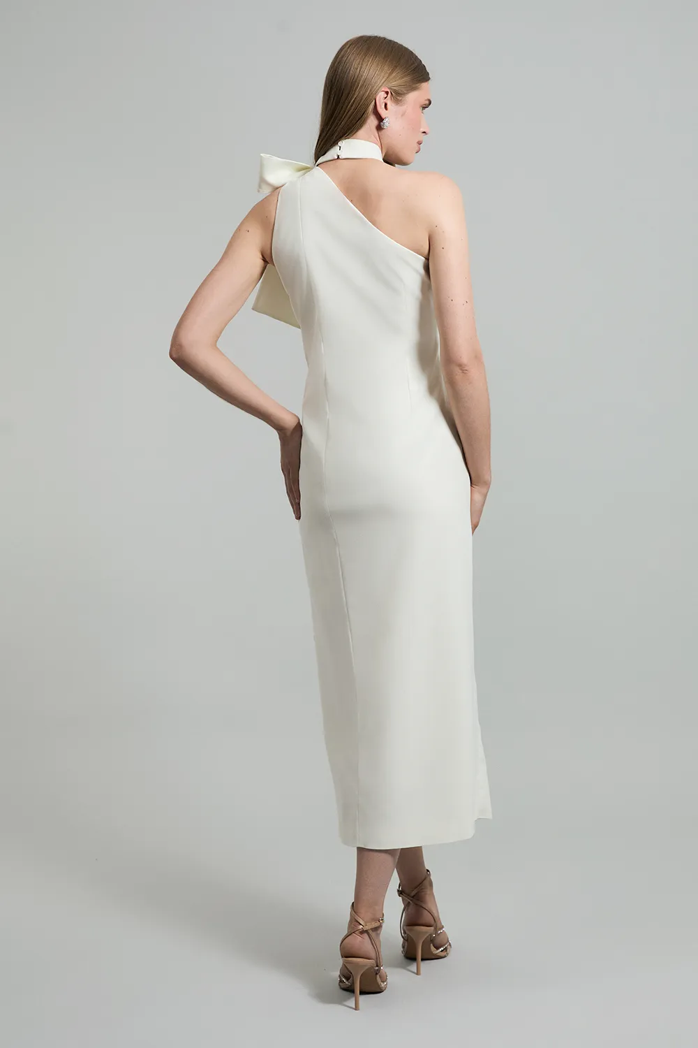 Satin Bow Tie Neck Tailored Midi Dress BKK25563