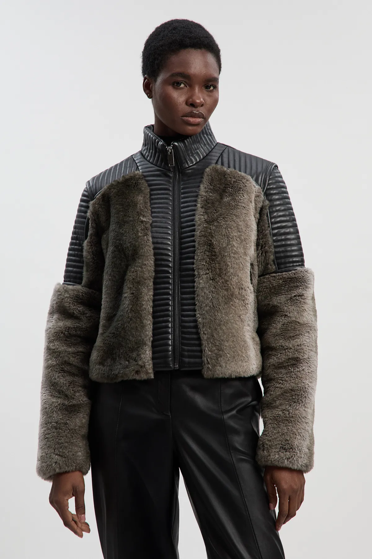 Faux Fur & Faux Leather Panelled Biker Short Coat BKK25605