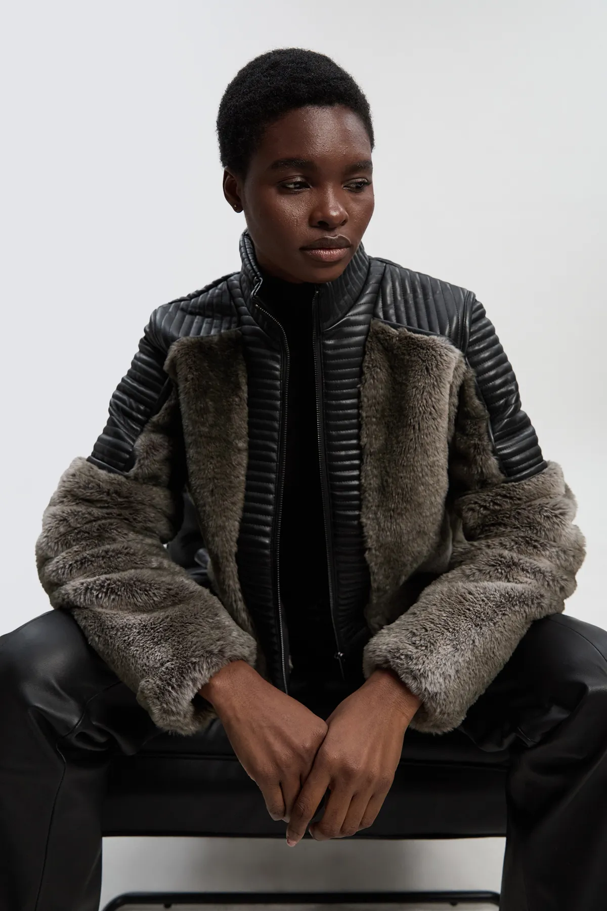 Faux Fur & Faux Leather Panelled Biker Short Coat BKK25605