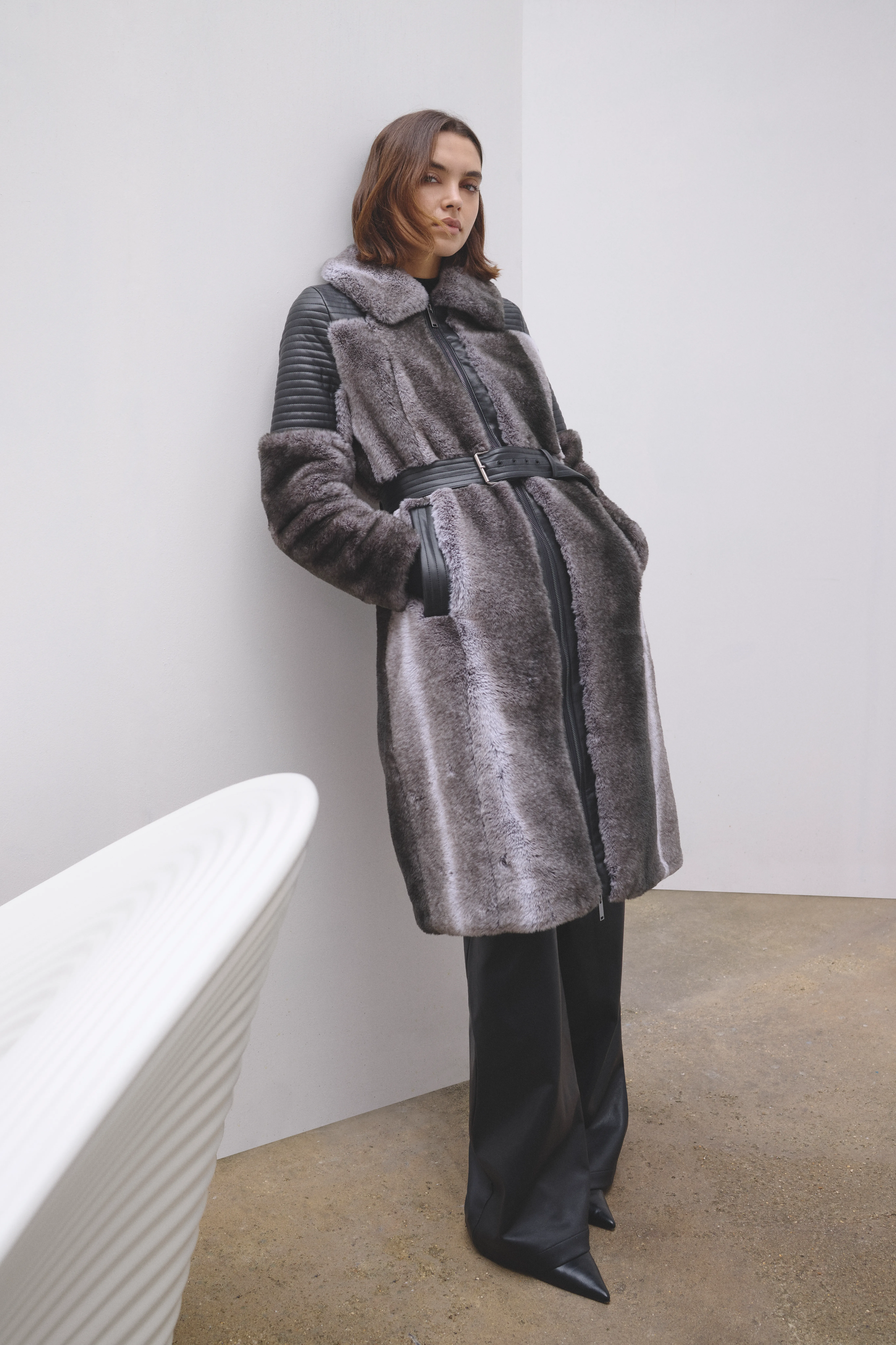 Faux Fur & Faux Leather Panelled Biker Belted Long Coat BKK25607