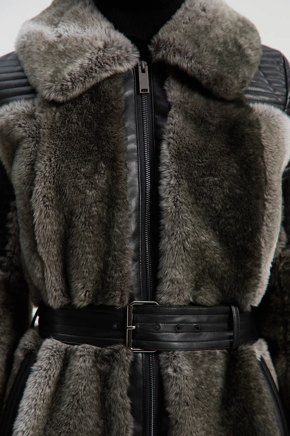 Faux Fur & Faux Leather Panelled Biker Belted Long Coat BKK25607 3 Faux Fur & Faux Leather Panelled Biker Belted Long Coat BKK25607