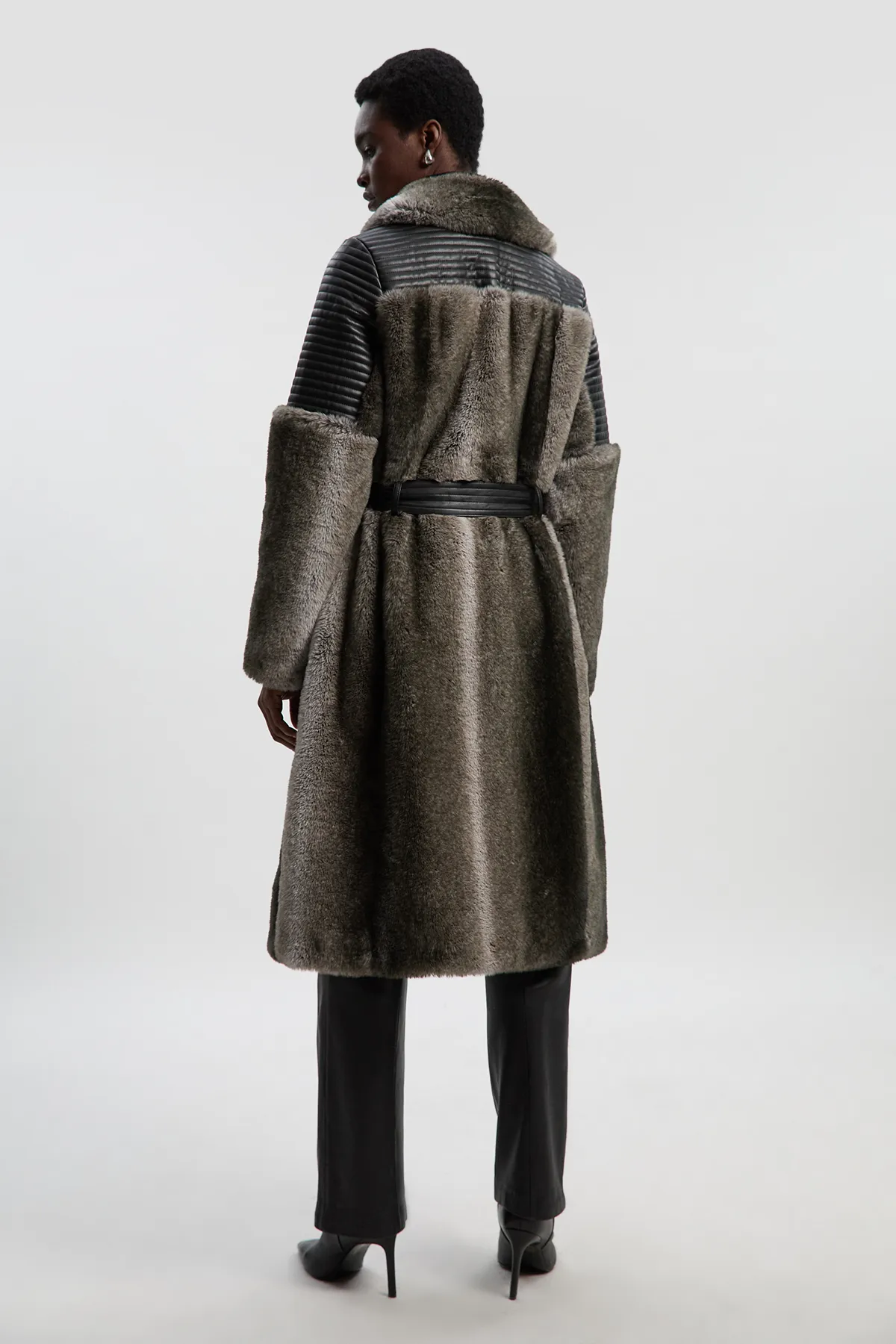 Faux Fur & Faux Leather Panelled Biker Belted Long Coat BKK25607 4 Faux Fur & Faux Leather Panelled Biker Belted Long Coat BKK25607