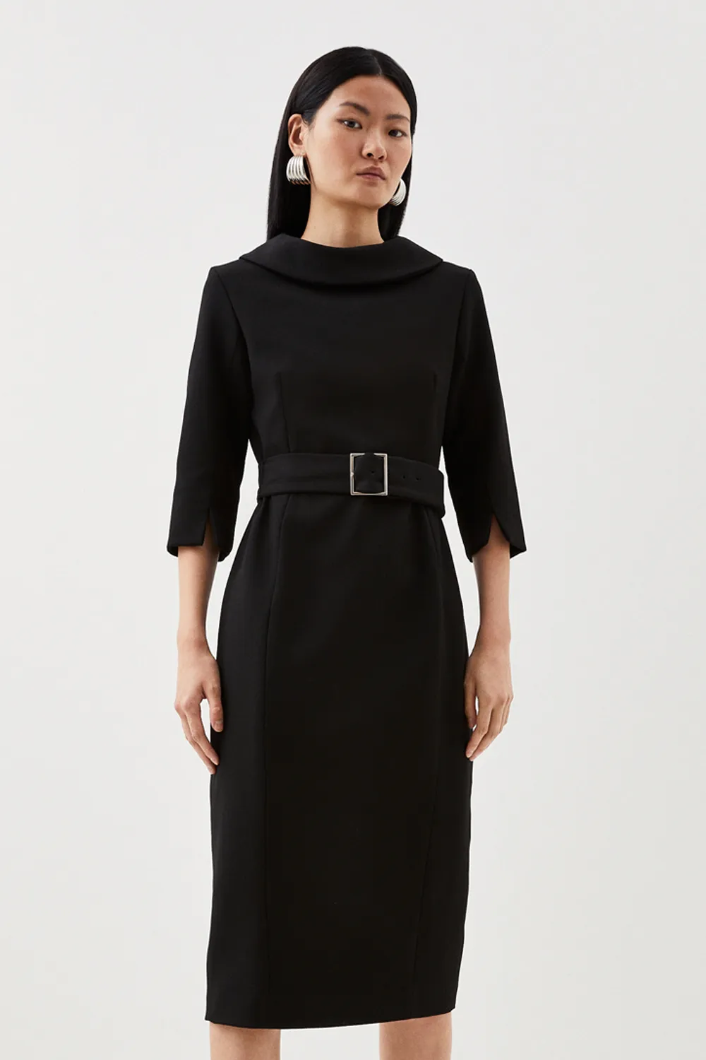 Petite Tailored Structured Crepe Turtleneck Pencil Midi Dress BKK25615