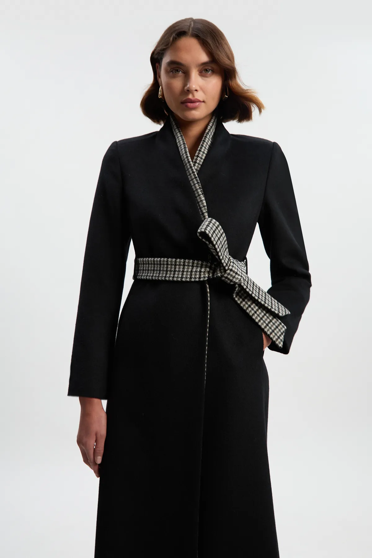 Brushed Wool Houndstooth Mix Belted Wrap Neck Tailored Midi Coat BKK25622