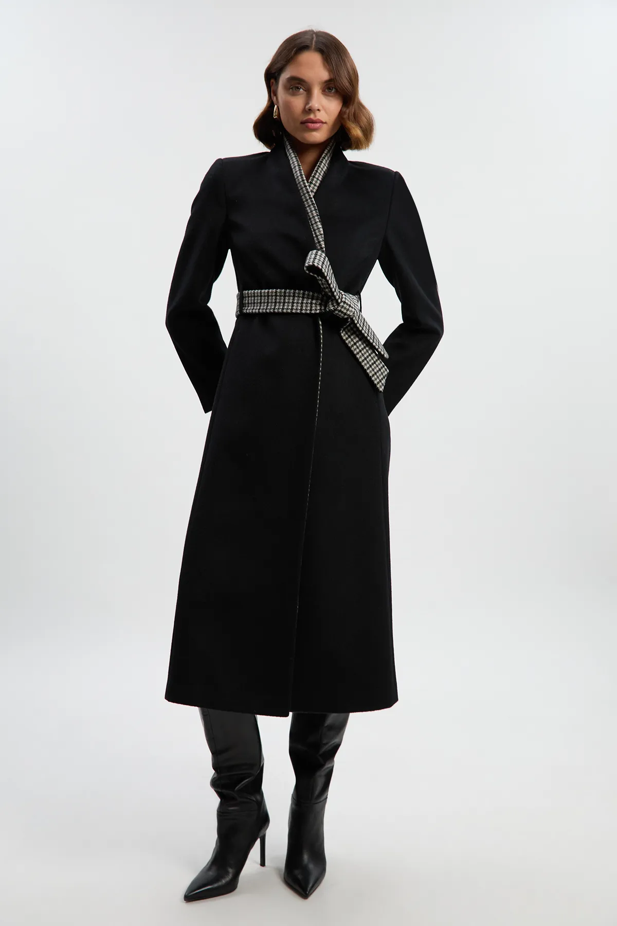 Brushed Wool Houndstooth Mix Belted Wrap Neck Tailored Midi Coat BKK25622