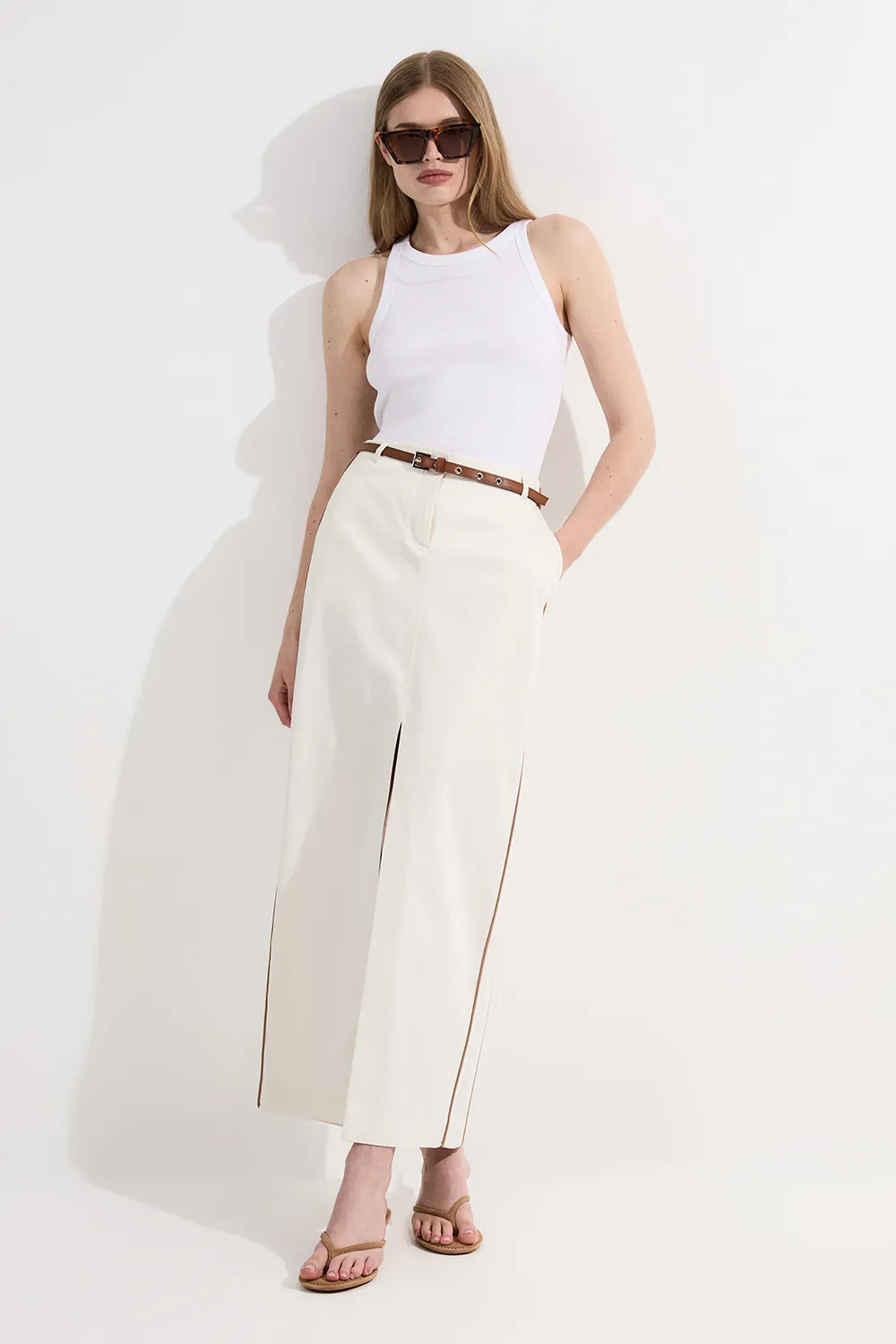 Archive Collection - Tailored Denim Belted Pocket Detail Maxi Skirt BKK25653